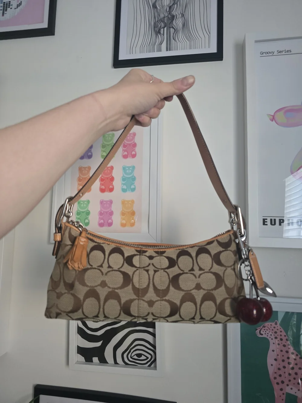 Coach East West Signature Baguette Y2k Shoulder Bag W/Cherry Charm